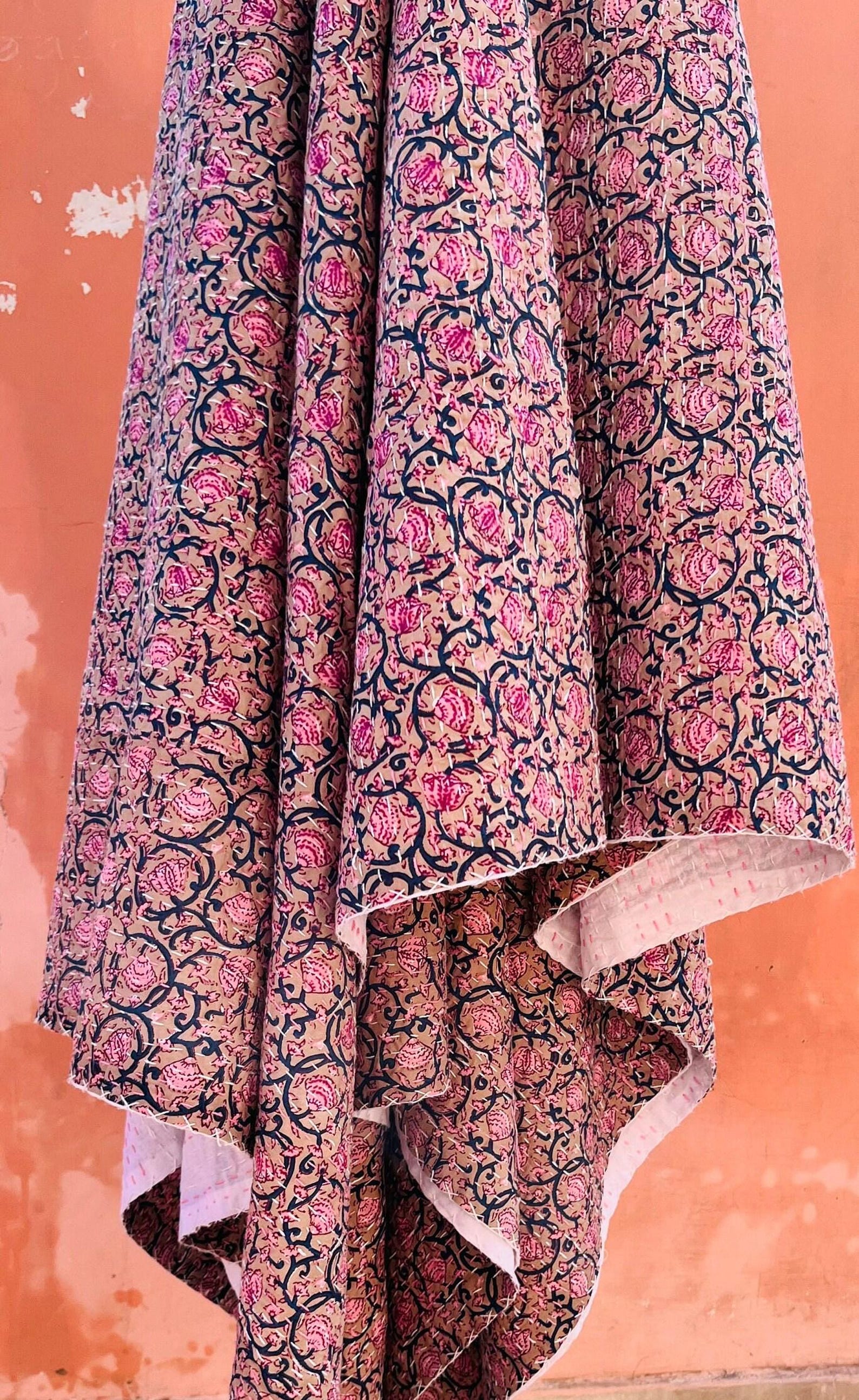 Orange Indian Kantha Quilt/Handmade Floral Hand Block Print Cotton Sheet Bedspread /King Queen Twin Size Kantha Quilt/Kantha Coverlet Throw – Kusum Handicrafts