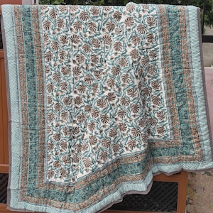 Block Print quilt Twin Size Jaipuri Quilt, Reversible Soft Floral Cotton Handmade Indian Quilt, Bedding Throw Quilted Bedspread, Home Decor