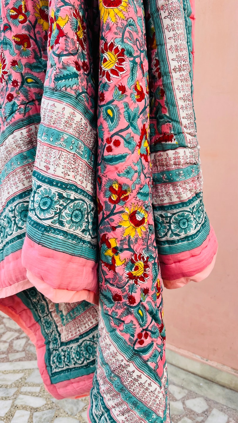 Indian Razai, Queen Block Print Quilt, Printed Reversible Razai, Cotton Quilt, Handmade Floral Quilt, Jaipuri razai,New Floral Print Quilt image 4