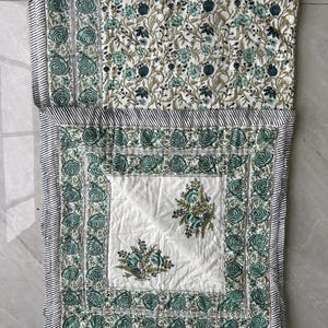 Jaipuri Hand Block Printed Queen Size Quilt, Indian Reversible Bed Cover Floral Soft Cotton Bedspread, Boho Duvet Cover, Gift For Home Decor