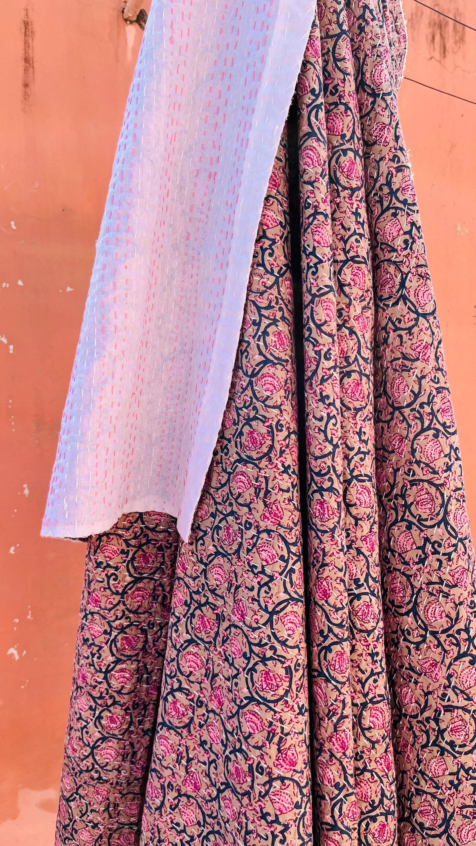 Orange Indian Kantha Quilt/Handmade Floral Hand Block Print Cotton Sheet Bedspread /King Queen Twin Size Kantha Quilt/Kantha Coverlet Throw – Kusum Handicrafts