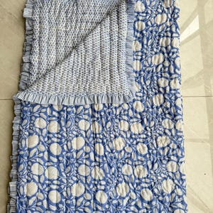 Jaipuri Hand Block Printed Frill Razai, Reversible Floral Cotton Ruffle Quilt, Indian Bedspread