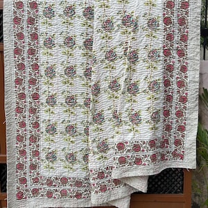Queen Size Hand Block Printed Kantha Quilt, Indian Floral Bedding Throw Cotton Kantha Blanket, Jaipuri Soft Bedspread, Gifts For Home Decor
