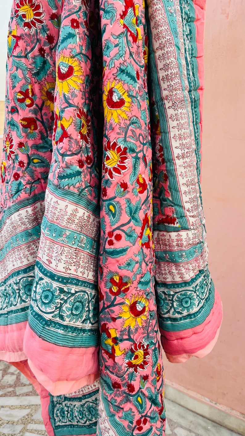 Indian Razai, Queen Block Print Quilt, Printed Reversible Razai, Cotton Quilt, Handmade Floral Quilt, Jaipuri razai,New Floral Print Quilt image 1