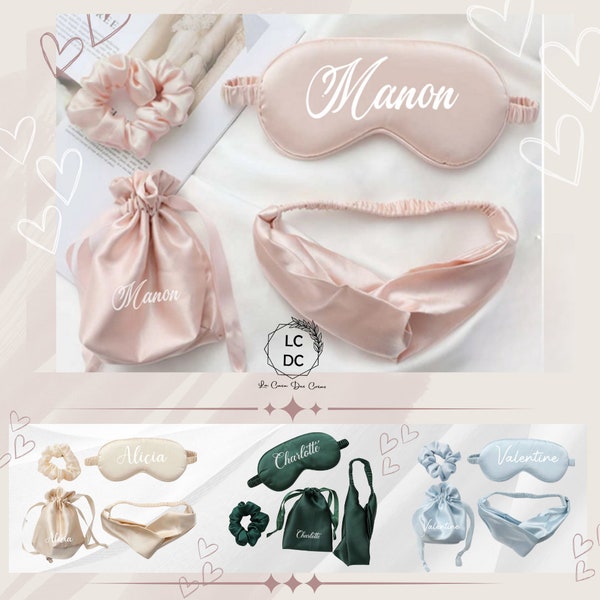 Ensemble Masque de Nuit, chouchou, bandeau étui en satin personnalisé. EVJF, témoin, demoiselle d'honneur, pyjama party, cadeau personnalisé