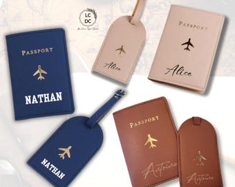 Protège passeport et étiquette bagage personnalisés, voyage, porte documents, valise, étui passeport, globe trotteur, mariage,saint valentin