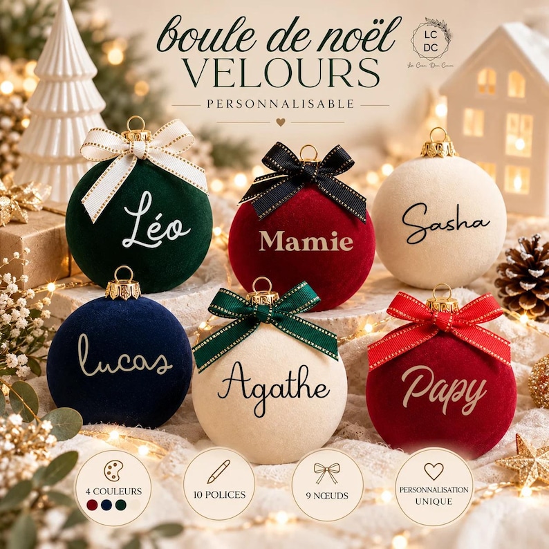 May include: Six round velvet Christmas ornaments in dark green, deep red, navy blue, and cream, each topped with a decorative ribbon bow and personalized with white or dark script names including L&eacute;o, Mamie, Sasha, Lucas, Agathe, and Papy.