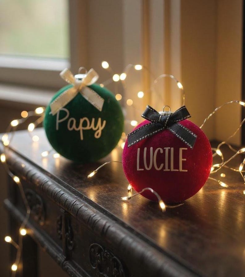 May include: Two round velvet Christmas ornaments, one dark green with the white text Papy and a cream ribbon, and one deep red with the white text LUCILE and a black ribbon, both featuring a metallic top loop for hanging.