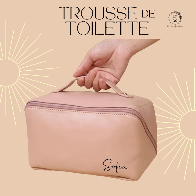 Trousse de Toilette, trousse maquillage, personnalisable, cadeau unique, beauté, voyage, cadeau personnalisé, rose, noir, camel, blanc cassé 1- Prénom police n°1