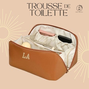 Trousse de Toilette, trousse maquillage, personnalisable, cadeau unique, beauté, voyage, cadeau personnalisé, rose, noir, camel, blanc cassé 2- initiales