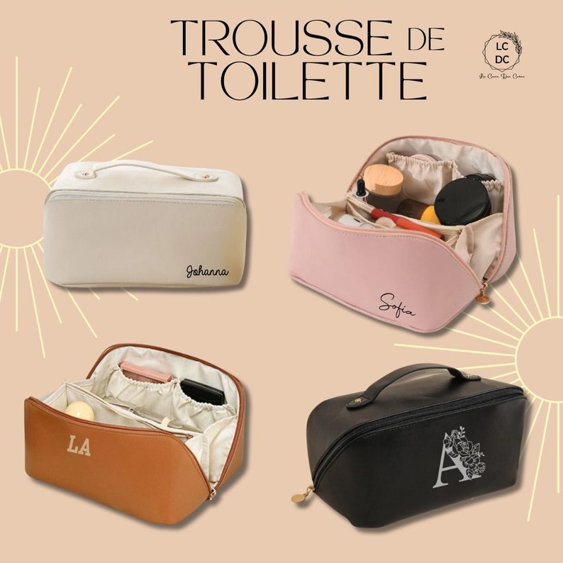 Trousse de Toilette, trousse maquillage, personnalisable, cadeau unique, beauté, voyage, cadeau personnalisé, rose, noir, camel, blanc cassé image 1