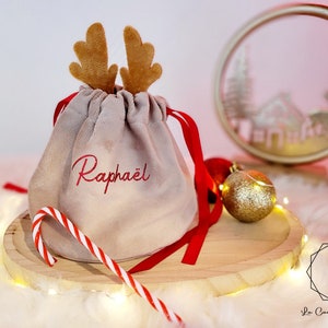 Pochon Noël Velours personnalisé, décoration, sapin, cadeau, emballage, fêtes de fin d'année, renne, étui, velours, rouge, sac