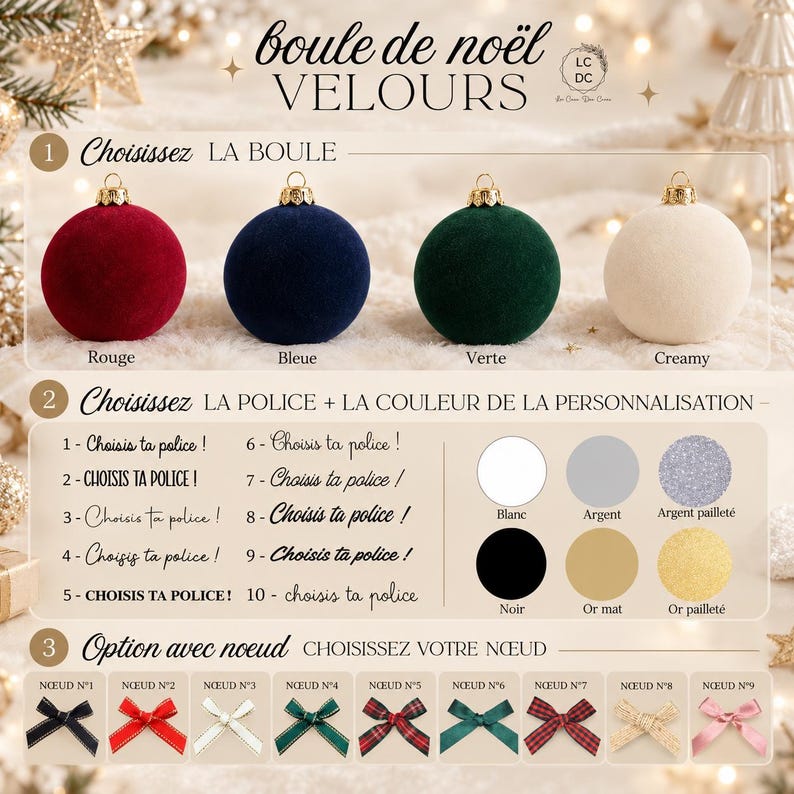 May include: A set of four velvet Christmas ornaments in red, blue, green, and cream, each with a gold cap. The image displays customization options including ten font styles, six text colors, and nine ribbon designs for personalization.