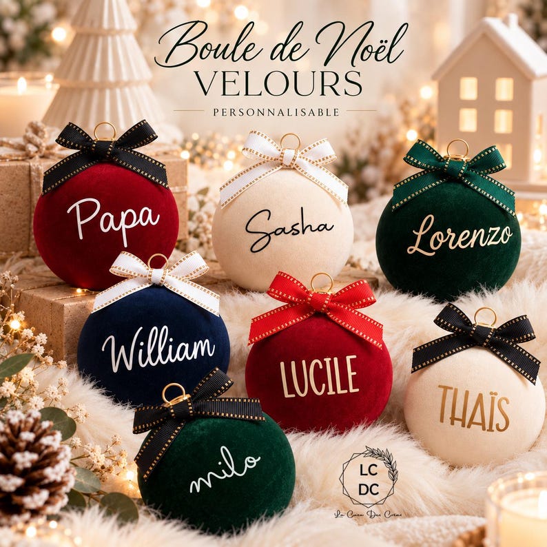 May include: Seven round velvet Christmas ornaments in red, cream, dark blue, and dark green. Each ornament features a gold hanging loop, a decorative ribbon bow, and a personalized name in white or gold script or block lettering.
