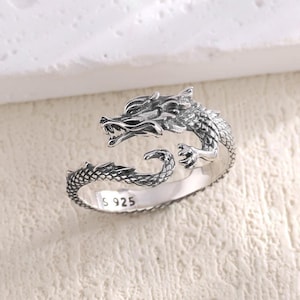 Sterling Silver Dragon Ring, Adjustable Chinese Dragon Jewelry Fantasy Ring, Gothic Statement Ring, Animal Ring, Mythical Gift for Her