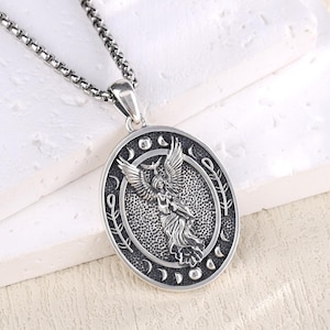 Triple Moon Phases Lucifer Lilith Sigil Necklace, Sterling Silver Goddess Lilith Statue Talisman With Wings, Witchy Gift, Wiccan Jewelry