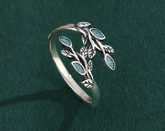 925 Sterling Silver Turquoise Leaf Ring, Minimalist Boho Adjustable Ring, Dainty Olive Leaf Ring, Handmade Jewelry, Birthday Gift for Her