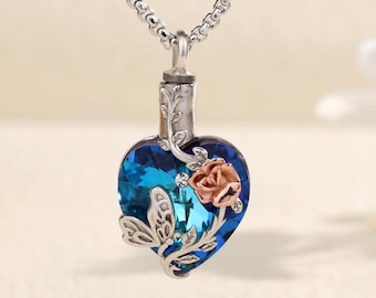 Vlinder hart urn ketting voor as, sterlingzilveren crematiehanger met kristal/maansteen, herdenkingssieraden, sympathiecadeau voor vrouwen