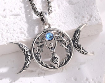 Sterling Silver Triple Moon Goddess Necklace, Wicca Moon Phase Goddess Tree of Life Pendant with Moonstone, Spiritual Amulet for Women Girl