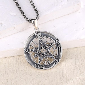 Antique Sacred Tetragrammaton Necklace, Sterling Silver Pentagram Pendant, Pentacle Amulet With Mystical Alchemical Symbols, Protection Gift