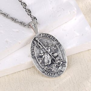 Sterling Silver Saint Michael Necklace, Protective Archangel Michael Pendant, Antique St. Michael Medal, Religious Jewelry for Dad