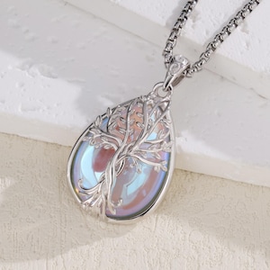 Zierliche Teardrop Halskette, Sterling Silber Synthetischer Mondstein Anhänger, Handgemachter Baum Des Lebens Schmuck, Boho Halskette für Frauen, Geschenk für Sie