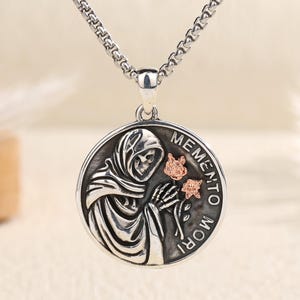 Sterling Silver Memento Mori Necklace, Gothic Grim Reaper Skull Pendant, Memento Mori Stoic Jewelry, Personalized Gift for Him or Her