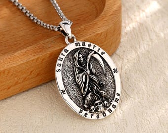 Santa Muerte Anhänger Aus 925 Sterlingsilber Vergoldet – Grimmiger Sensensenmann Tod Halskette