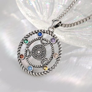 Antique Hecate Triple Moon Necklace, Sterling Silver Goddess Hecate Pendant With 7 Gemstones, Hecate Crescent Moon Jewelry, Wiccan Gift