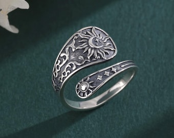 Sterling Silver Spoon Ring, Handmade Sunflower Wrap Ring, Statement Adjustable Thumb Ring, Sun Moon Celestial Jewelry, Birthday Gift for Her