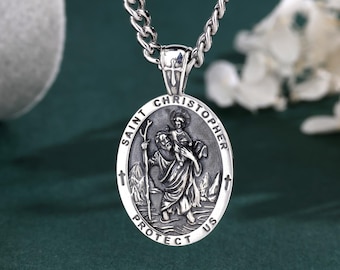 925 Sterling Silver St Christopher Necklace, Patron Saint Christopher Medal Pendant, Catholic Christian Jewelry, Travel Gift for Women Men