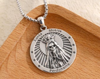 Sterling Silver Grim Reaper Pendant, Memento Mori Skull Necklace, la Santa Muerte Protection Amulet, Gothic Jewelry, Halloween Gifts for Her