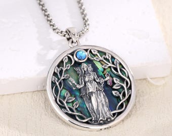 Triple Moon Goddess Necklace, 925 Sterling Silver Celestial Pendant, 3D Hecate Amulet, Mother Of Pearl Jewelry, Christmas Gift For Mom