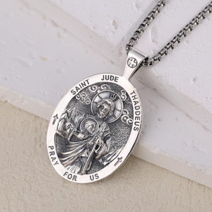 Sterling Silver St Jude Necklace, Patron Saint San Judas Tadeo Pendant, Religious Saint Jude Medal Amulet, Catholic Jewelry, Gift for Her