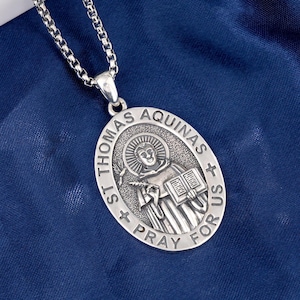 Sterling Silver Saint Thomas Necklace, Patron Saint Thomas Aquinas Miraculous Medal Pendant, Mid Century Catholic Jewelry, Graduation Gift