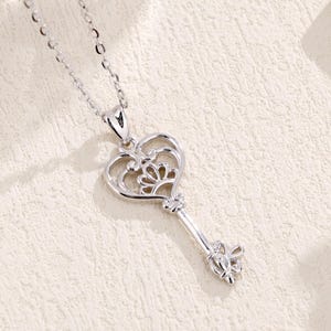 Minimalist Key Charm, Sterling Silver Heart Key Pendant Necklace, Elegant Filigree Design, Personalized Jewelry Valentines Day Gift for Her