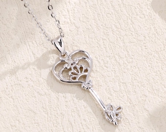 Minimalist Key Charm, Sterling Silver Heart Key Pendant Necklace, Elegant Filigree Design, Personalized Jewelry Valentines Day Gift for Her