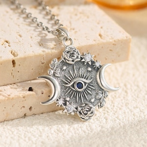 Mystic Moon Evil Eye Necklace, Sterling Silver Rose Celestial Pendant With Cubic Zirconia, Wichy Jewelry Protection Amulet, Christmas Gift