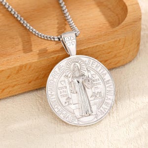 Sterling Silver St Benedict Necklace for Women, Saint Benedict Coin Pendant 26mm, Christian Jewelry Protection Amulet Religious Gift for Her