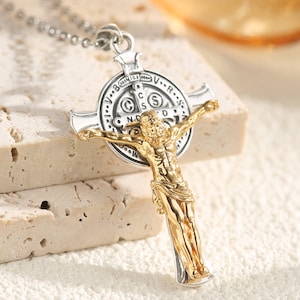 Sterling Silver Saint Benedict Crucifix Necklace, 18K Gold Plated Jesus Cross Pendant, Religious Holy Jesus Gift, Christian Jewelry