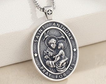 Sterling Silver St Anthony Necklace, Patron Saint Anthony Medal Pendant, Catholic Jewelry Protection Amulet, Confirmation Gift for Men Women