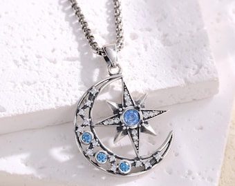 Collar de Estrella del Norte en plata de ley, colgante de media luna brillante con gemas, joyería de luna y estrellas, un regalo de Navidad espectacular.