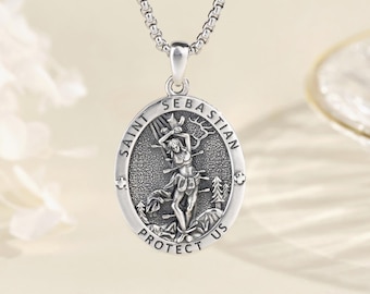 925 Sterling Silver Saint Sebastian Necklace, Patron Saint of Athletes Medallion Pendant, Christian Jewelry, Religious Gift for Men Women