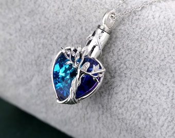 925 Sterling Silver Tree of Life Heart Urn Necklace, Blue Crystal Ashes Keepsake Pendant for Human Pets, Cremation Jewelry, Sympathy Gift