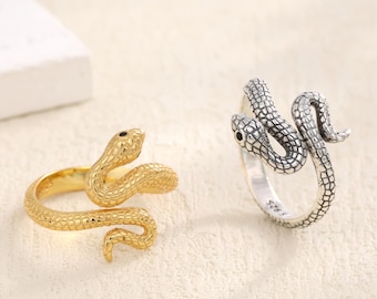 925 Sterling Silver Adjustable Snake Ring for Women Men, 18K Gold Statement Open Serpent Ring, Handmade Jewelry, Personalized Gift