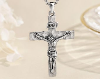925 Sterling Silver Crucifix Necklace, INRI Jesus Cross Pendant, Textured Catholic Christian Jewelry, Religious Baptism Gift for Him Her