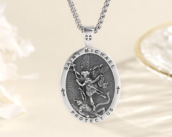925 Sterling Silver St Michael Archangel Necklace, Patron Saint Michael Medal Protection Charm, Christian Jewelry, Police Gift for Him Her