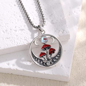 Cute Red Mushroom Triple Moon Necklace, Sterling Silver Witch Moon Phase Pendant, Wiccan Celestial Moonstone Jewelry, Christmas Gift for Her