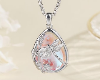 Dragonfly Moonstone Necklace, Delicate Floral Teardrop Moonstone Pendant, Handmade Jewelry, Birthday Christmas Gift for Her, Mom