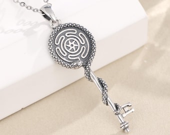 925 Sterling Silver Wheel of Hecate Key Necklace, Pagan Goddess Amulet Strophalos Snake Pendant, Handmade Jewelry, Spiritual Gift for Her